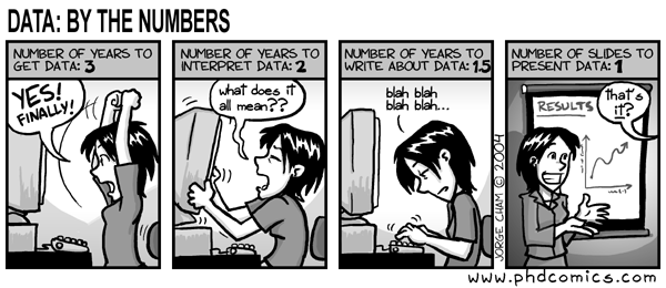 A four panel comic with the title, ''Data: By the Numbers'' The first panel says, ''Number of years to get data: 3'' and shows a woman sitting at a computer with her hands in the air cheering, ''Yes! Finally!'' The second panel says, ''Number of years to interpret data: 2'' and shows the woman shaking her computer in frustration while saying, ''What does it all mean??'' The third panel says, ''Number of years to write about data: 1.5'' and shows the woman hunched and fatigued while typing, ''blah blah blah blah...'' The fourth panel says, ''Number of slides to present data: 1'' and shows the woman smiling and presenting her data. A voice from beyond the panel is saying, ''That's it?''
