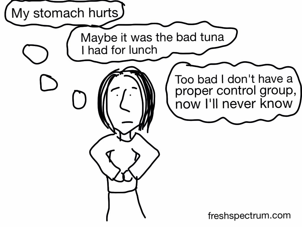 A cartoon woman clutching her stomach with discomfort. There are thought bubbles above her head that read, ''My stomach hurts. Maybe it was the bad tuna I had for lunch. Too bad I don't have a proper control group, now I'll never know''